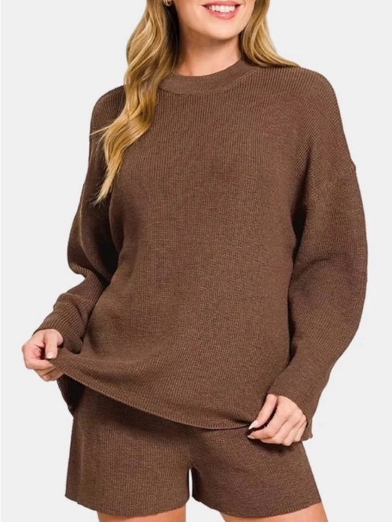 Zenana Signature Other - Cozy Ribbed Crewneck Sweater in Brown